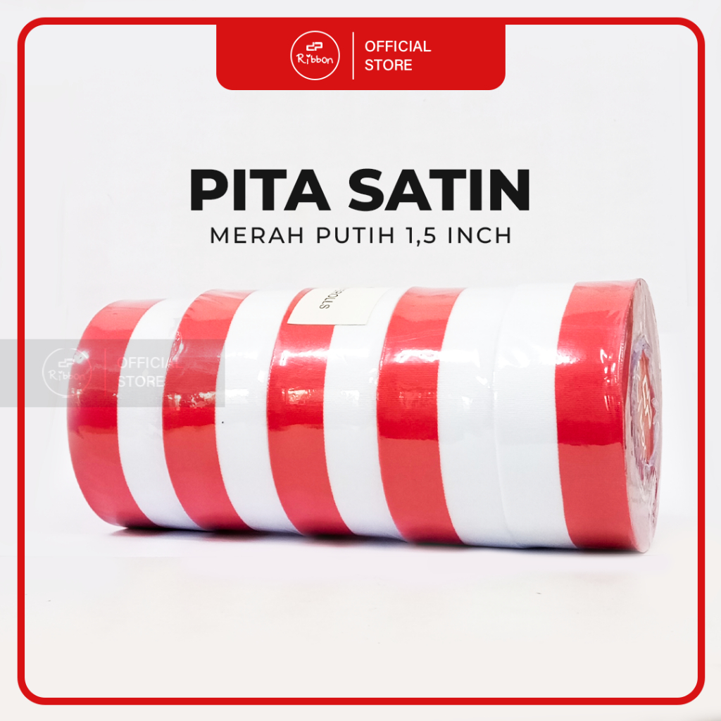 5 ROL Pita Satin MERAH PUTIH 1,5″ 4cm Saten 1.5 Inch Ribbon 1 Slop Pita Kain4 cm (SLOP)