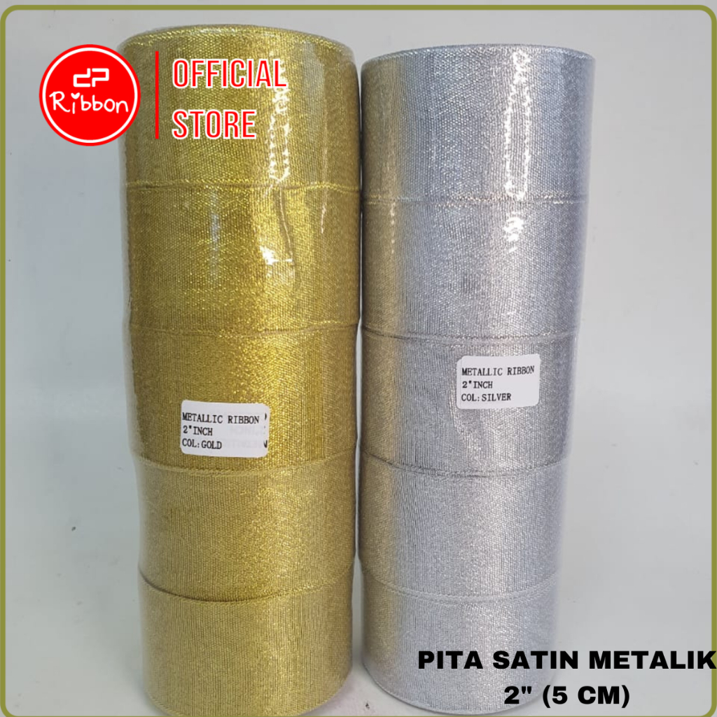 5 ROL Pita Emas/Perak 2″ Pita Satin Metalik 5cm Ribbon 1 Slop Pita Kain 5cm (SLOP)