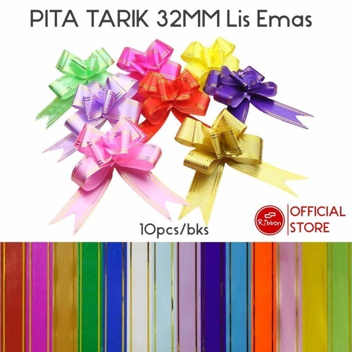 1 Bks Pita Serut 30 32mm Lis Emas Tarik Garis Pull Flower Ribbon Bow Gold Stripe Kado Souvenir PTA-32-LE