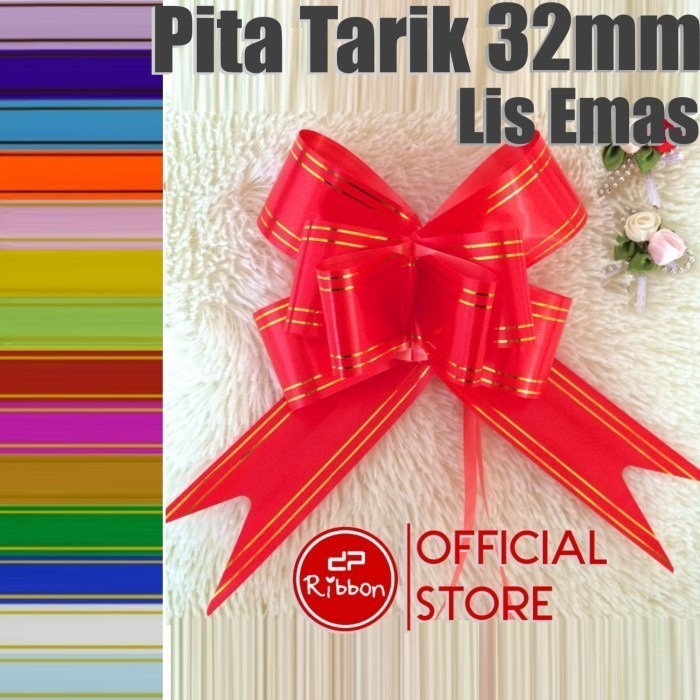 1 Bks Pita Serut 30 32mm Lis Emas Tarik Garis Pull Flower Ribbon Bow Gold Stripe Kado Souvenir PTA-32-LE - Gambar 2